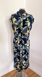 Oasis tropical midi dress size L 16/18 shirt jersey black multi stretch collared - Picture 1 of 10