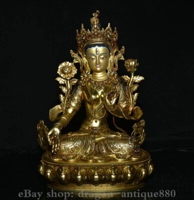 13.4英寸旧尼泊尔铜镀金白色塔拉慈悲精神女神雕像 — 第 1/4 张图片