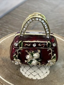 Rare Vintage Red Enamel Rhinestone Trinket Handbag Magnetic Clasp - Picture 1 of 12