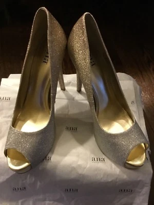 Zapatos de salón para mujer A.N.A dorado/plateado brillo punta abierta talla 9 Foto 1 de 4