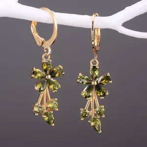14K Gold Plated Green Crystal Flower Dangle Drop Earrings for Women,Hoop Earring - Picture 1 of 3