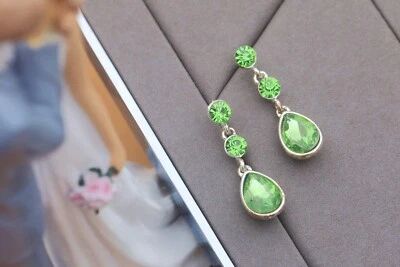 Orecchini Clip On Non Forato Pinza Pendente Argento Strass Goccia Verde YW8 - Immagine 1 di 4