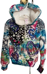 Girls Multi-Color Hooded Sweatshirt Size XS Hearts Stars Sequins Zip Front Soft - Picture 1 of 14