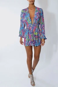 NWT Rare London Sz 6 Womens Snake Plunge Playsuit Long Sleeve V-Neck Multicolor - Picture 1 of 12