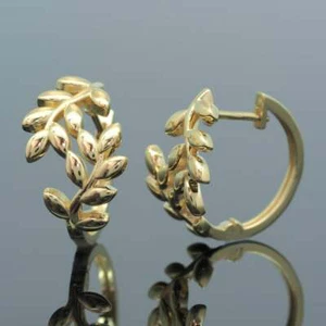 Olivenblatt Huggie Creolen 14K Gelbgold Handarbeit Schmuck Geschenk für Damen - Bild 1 von 6