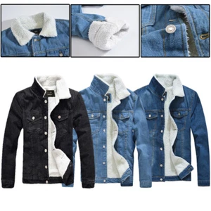 Denim Jean Jacket Outwear Coat Fleece Lined Winter Warm Fur Collar Men Trucker - Picture 1 of 15