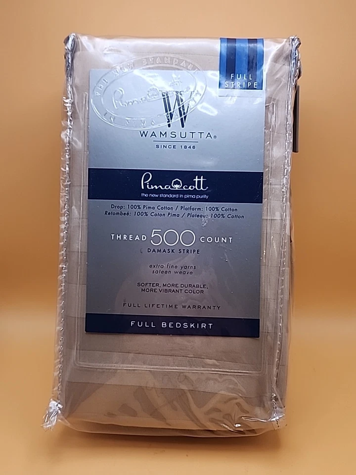 Wamsutta Pima Cotton Taupe Gold Damask Stripe Full Bed Skirt 500 Thread Count - Image 1 of 4