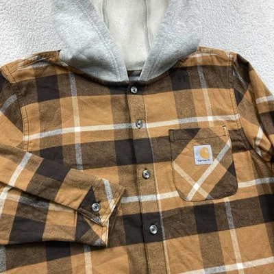 Carhartt Plaid Button Flannel Hoodie Youth Large 14-16 Brown Hooded Long Sleeve - Image 1 of 4