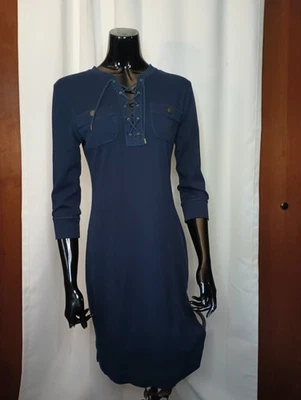 Ralph Lauren Equestrian Knit Dress Large Navy Blue Henley Slim Fit Nautical - Image 1 of 4
