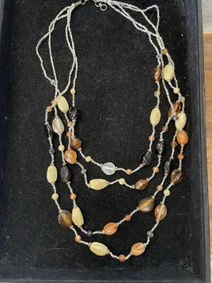 Multi-Strand Agate & Glass Beaded Necklace Earth Tone Boho Layered Jewelry - Image 1 of 4