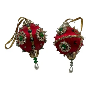2 Vintage Pailletten Perlen Fleck Stecknadel 2,75" Rot & Gold Weihnachtsschmuck - Bild 1 von 7