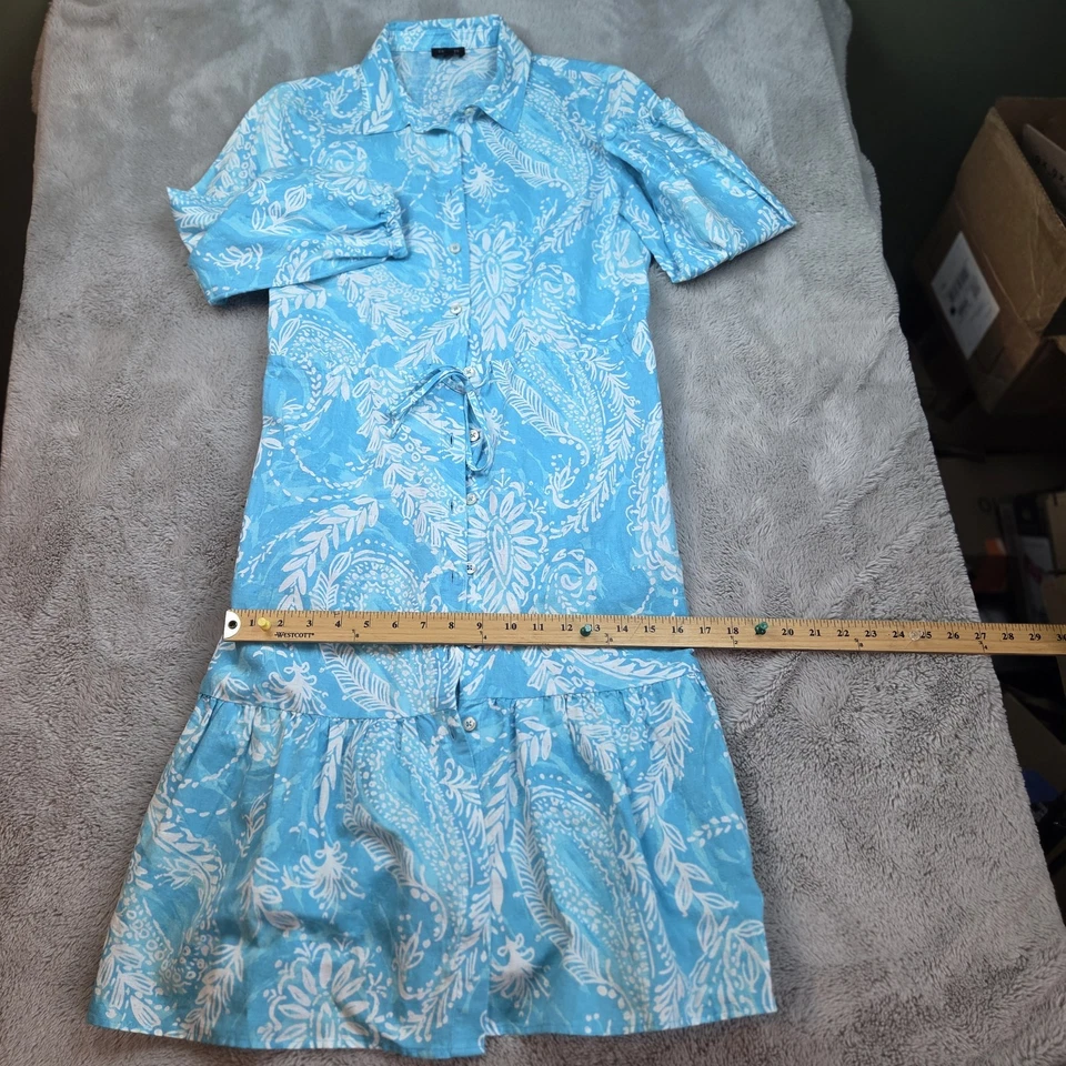 Vestido Camisa Talbots 6P Mezcla de Lino Azul Floral Tropical Manga 3/4 Botón Delantero Foto 1 de 4