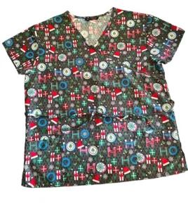Cassandra O Ho Ho Christmas Print Scrub Top Size XL Pockets V Neck - Picture 1 of 7