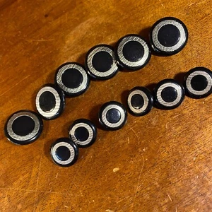 Set Of 12 Vintage Black & Silver Metal Shank Buttons 2 Sizes - Picture 1 of 6