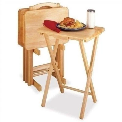 Juego de bandejas de TV de madera natural con soporte plegable mesa de aperitivos portátil para servir cena Foto 1 de 2