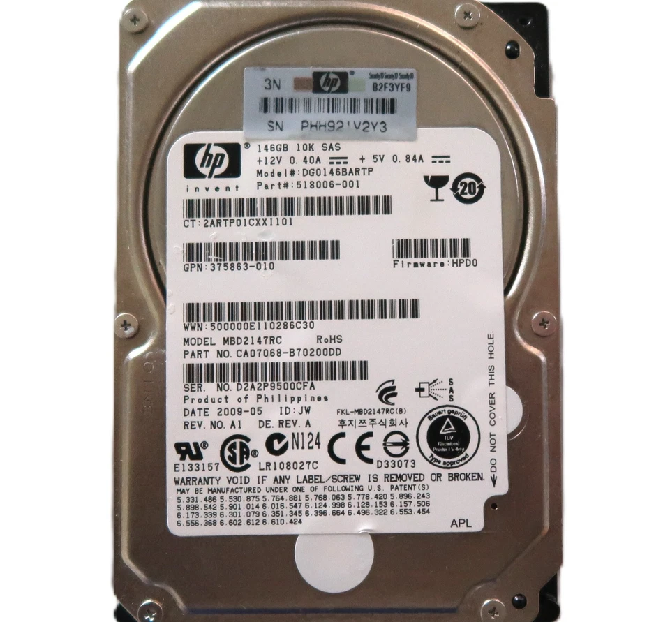 HP MBD2147RC CA07068-B70200DD RevNo A1 Rev A  FW:HPD0 146gb 10k 2.5" SAS HDD - Image 1 of 1
