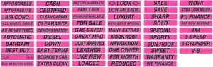 Auto Dealer Windshield Sticker Slogans PINK AND BLACK 10 packs 15" Mix and Match - Imagen 1 de 5