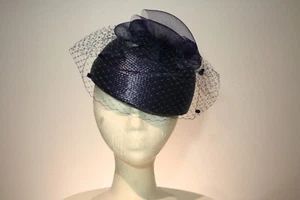 Women's Midnight Blue Asymmetrical Pillbox Dress Hat With Veil - Picture 1 of 6