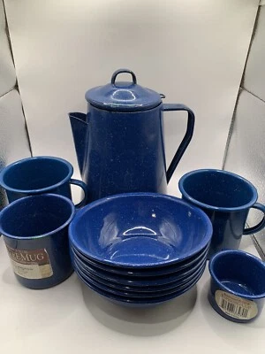 BLUE WHITE ENAMELWARE Set 11 Coffee Pot, Mugs, Bowls New - Image 1 of 4