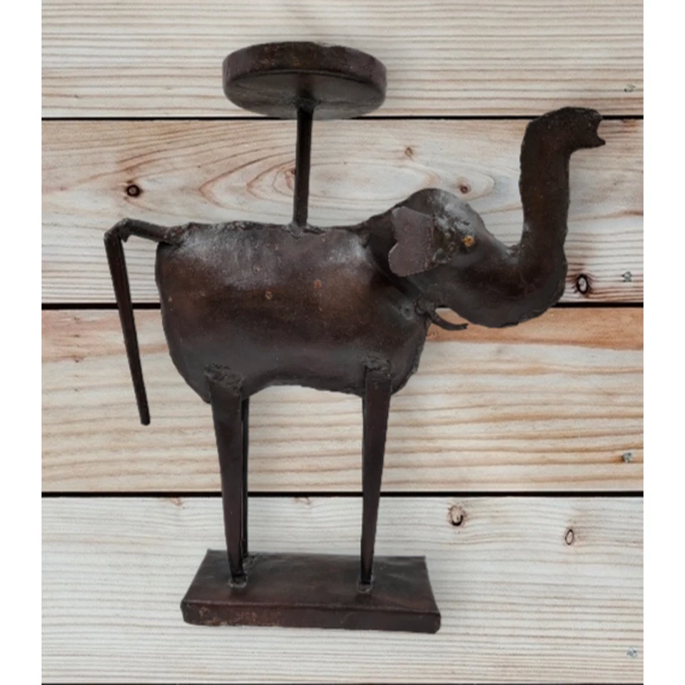 Pier 1 Metal Elephant Candle Holder Primitive Pillar Rustic Hand Made 12" Tall - Image 1 of 4