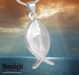 New Jesus Fish Embossed Cross Cremation Urn Keepsake Ashes Memorial Necklace - Picture 1 of 3