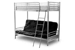 SILVER METAL BUNK BED BLACK FUTON MATTRESS ALASKA MEMORY FOAM SPRUNG MATTRESS - Picture 1 of 15