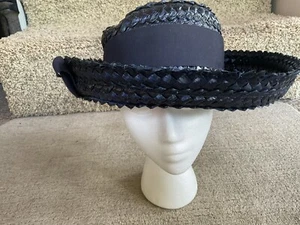 Vintage Navy Blue Wide Rim Straw Derby Hat Bow - Picture 1 of 4