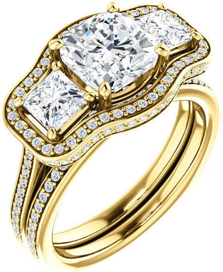 Anillo de compromiso de oro amarillo de 14 k con halo de diamantes de corte redondo y cojín de 3 piedras de 2,22 quilates Foto 1 de 1