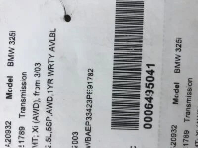 Manual Transmission Xi AWD From 3/03 Fits 03 BMW 325i 294503 Foto 1 de 4