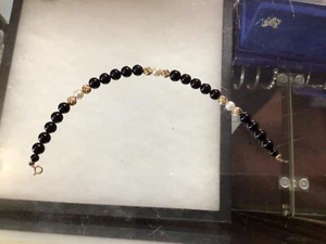 Vintage 14K Yellow Gold Black Onyx and Pearl Beads Beaded Bracelet 6.8g - Picture 1 of 24