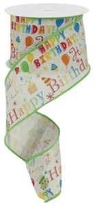 HAPPY BIRTHDAY 2 1/2" LINEN BURLAP WIRED RIBBON 5 Yds. WREATH LANTERN POST MAIL - Picture 1 of 2