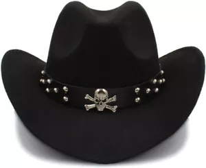 Black Western Skull Cowboy, Cowgirl Hat, Skull Strap, Men Women Retro Wide Brim - Picture 1 of 9