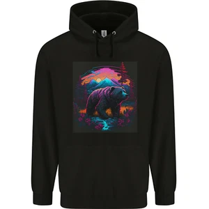 a Grizzly Bear in a Retro Wilderness Childrens Kids Hoodie - Picture 1 of 3
