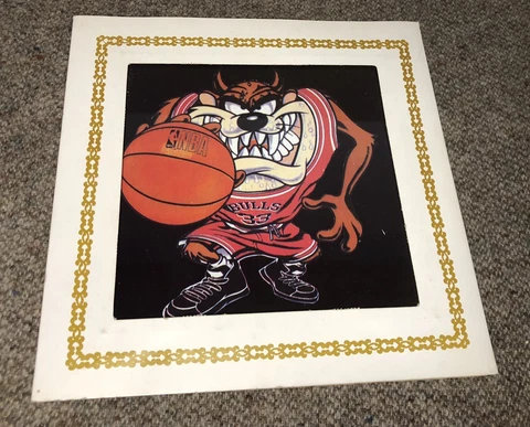 Vintage TAZ Tasmanian Devil Framed Carnival Glass Prize 8x8 Bulls Pippen Picture Cover