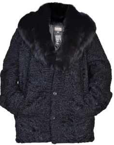 Men's Black Real Persian Lamb Fur Jacket FOX fur collar All Sizes Pre Sale - Picture 1 of 5