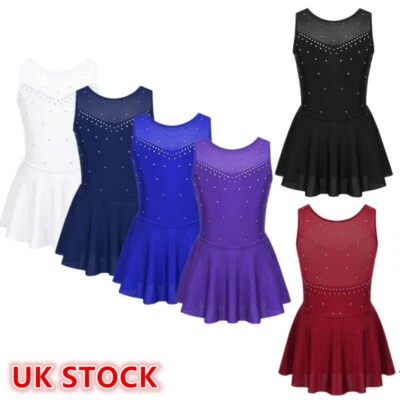 UK Girl Sleeveless Sparkly Figure Ice Skating Leotard Dress Skater Dance Costume - Image 1 of 4