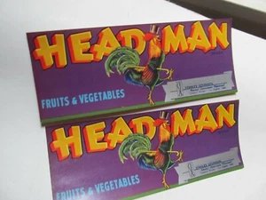 3 Rare Early Fruit Box Labels, HEADMAN Fruits & Vegetables, ROOSTER, California - Picture 1 of 3