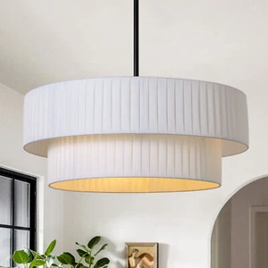 3 Light Double Drum Chandelier Modern 2-Tier Fabric Shade Pendent Light Indoor - Picture 1 of 10