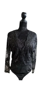 Black Sequin Plunge Bodysuit, Large - Picture 1 of 3