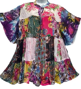 Nw FUNKY STUFF patch boho tiered babydoll sheer chiffon viscose TOP 2X Free ship - Picture 1 of 5