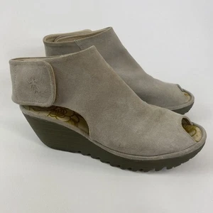 FLY LONDON Gray Suede Open Toe Wedge Heels Womens 40 (US 9-9.5) - Picture 1 of 20