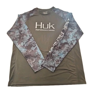 Huk Performance Fishing Shirt Mens XL Gray With Blue Camouflage Sleeves - Picture 1 of 10