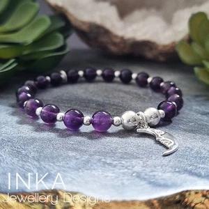 925 Sterling Silver & Amethyst MOON Bracelet Stretch Stacker By INKA - Picture 1 of 9