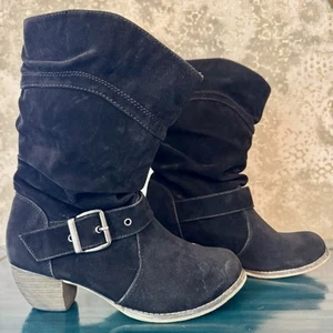 T.U.K. Black FauxSuede MidCalf Buckle W8 80s Hair Metal RnR Inspired USED Boots - Picture 1 of 24
