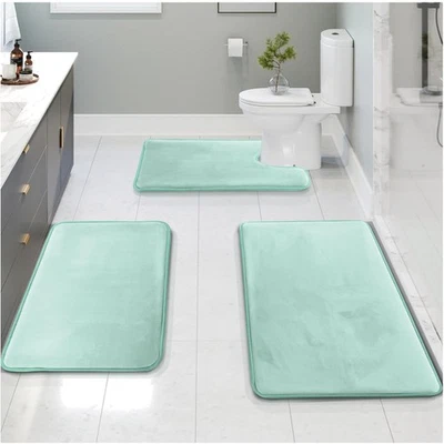 Роскошный набор из 3 ковриков для ванны из пены с эффектом памяти - нескользящие, быстро сохнут, светло-голубые - Изображение 1 из 4