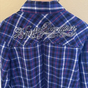 Harley Davidson Snap Shirt Damen M blau kariert bestickt Motorrad Biker Nieten - Bild 1 von 8