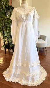 Gr. 10 Vintage Spitze viktorianisch Prärie Brautkleid elfenbeinfarben hochgeschlossen Langarm - Bild 1 von 15
