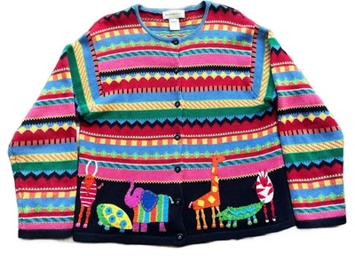VTG 2001 Susan Bristol LARGE cardigan sweater animal safari hand embroidered - Image 1 of 4
