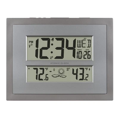512-85937-INT Atomic Digital Wall Clock with Temperature & Forecast in Gray/S... - Image 1 of 4