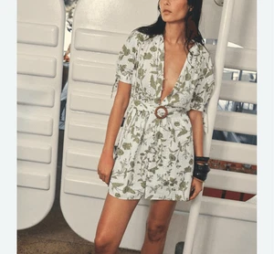 Zara Mini Shirt Dress Womens Button Ecru Green Floral Embroidered Eyelet Belted - Picture 1 of 19